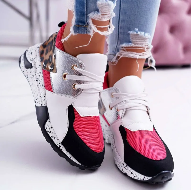 Amozae  2022 New Women Casual Shoes Breathable Ladies Sneakers Leopard Print Faux Fur Sneakers Lace-Up Platform Sports Shoes Women