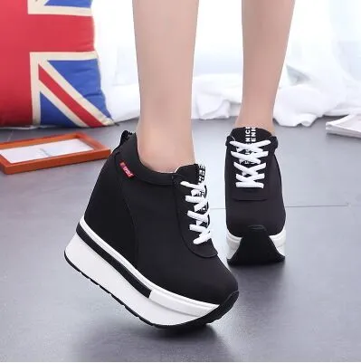 Amozae- Women Sneakers Fashion Women Height Increasing Breathable Lace-Up Wedges Sneakers Platform Shoes Canvas Woman Casual Shoes 11cm