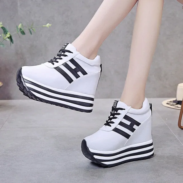 Amozae- Women Sneakers Fashion Women Height Increasing Breathable Lace-Up Wedges Sneakers Platform Shoes Canvas Woman Casual Shoes 11cm