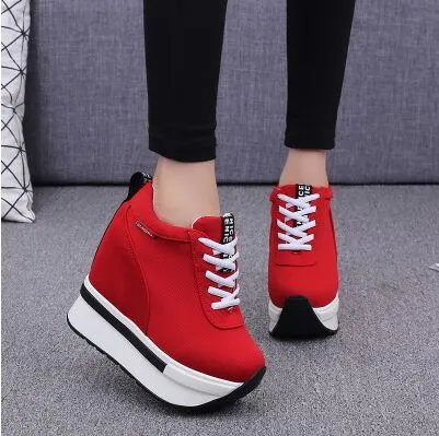 Amozae- Women Sneakers Fashion Women Height Increasing Breathable Lace-Up Wedges Sneakers Platform Shoes Canvas Woman Casual Shoes 11cm