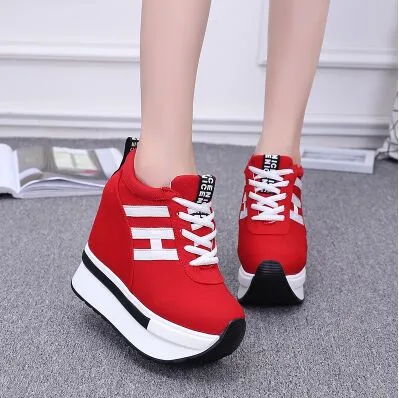 Amozae- Women Sneakers Fashion Women Height Increasing Breathable Lace-Up Wedges Sneakers Platform Shoes Canvas Woman Casual Shoes 11cm