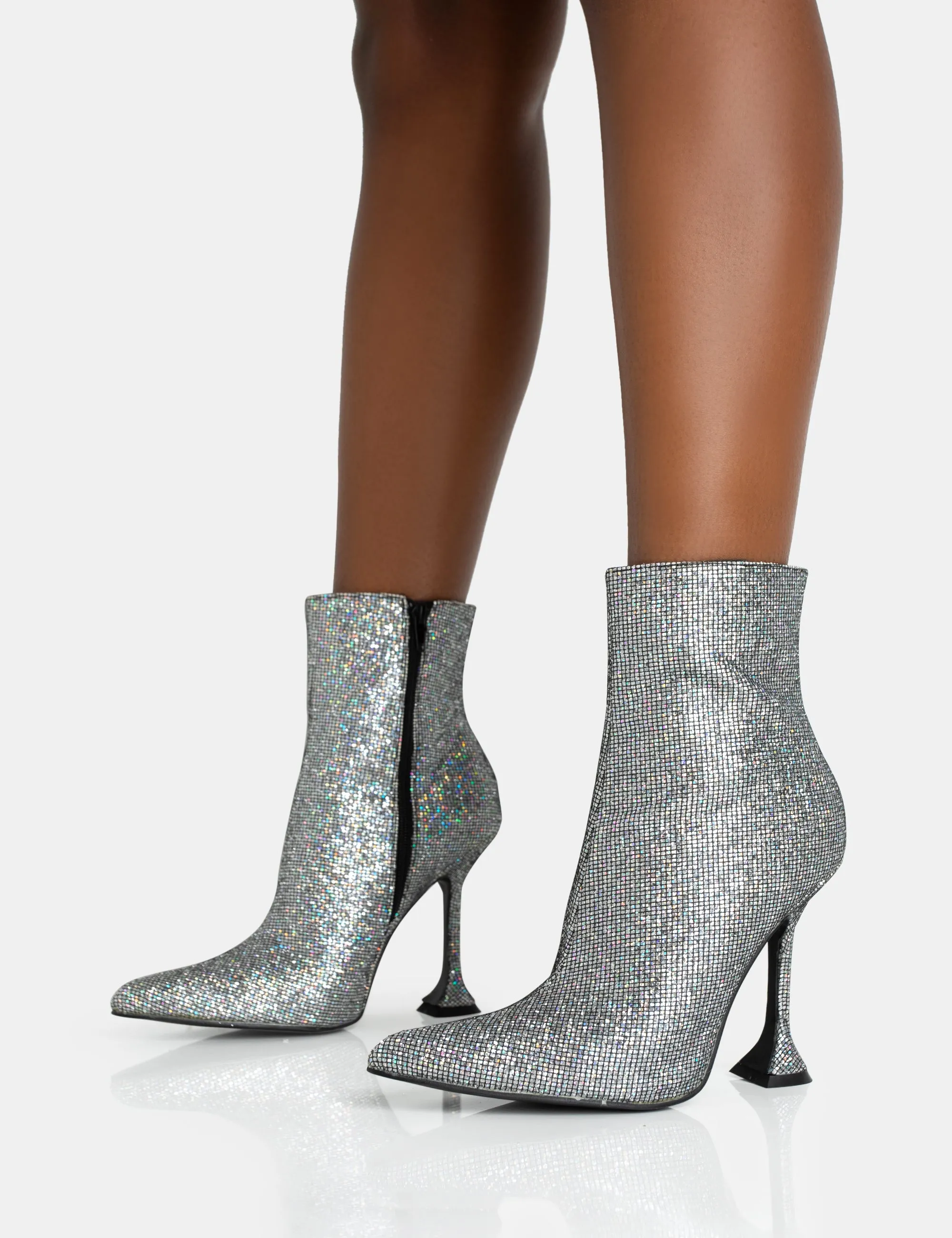 Arabella SIlver Glitter Pointed Toe Cake Stand Heeled Ankle Boots