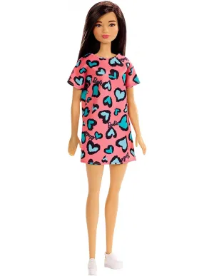 Barbie Basic Fashion Doll Brown Hair Coral Pink Dress