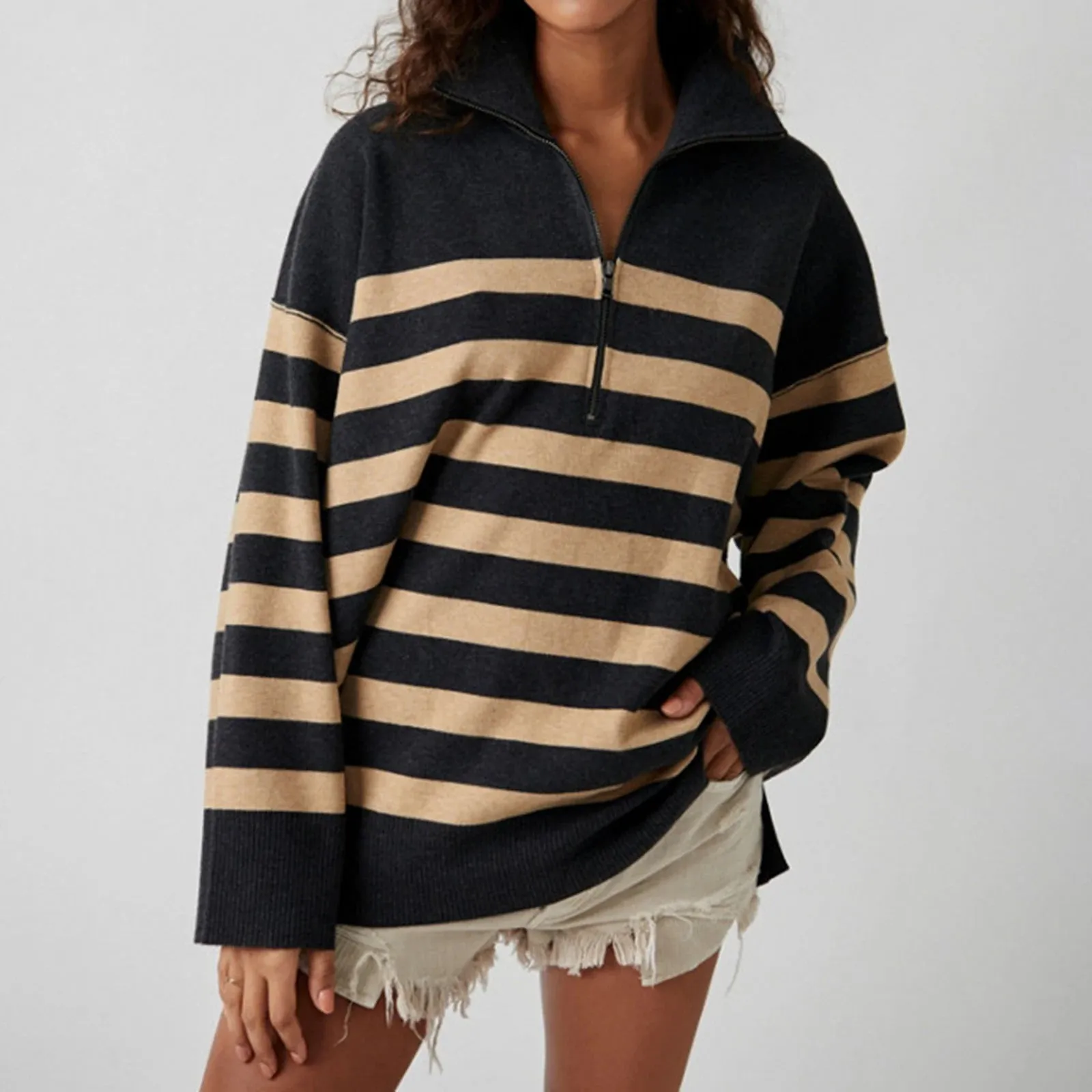 Bold Contrasting Stripe Half-Zip Pullover