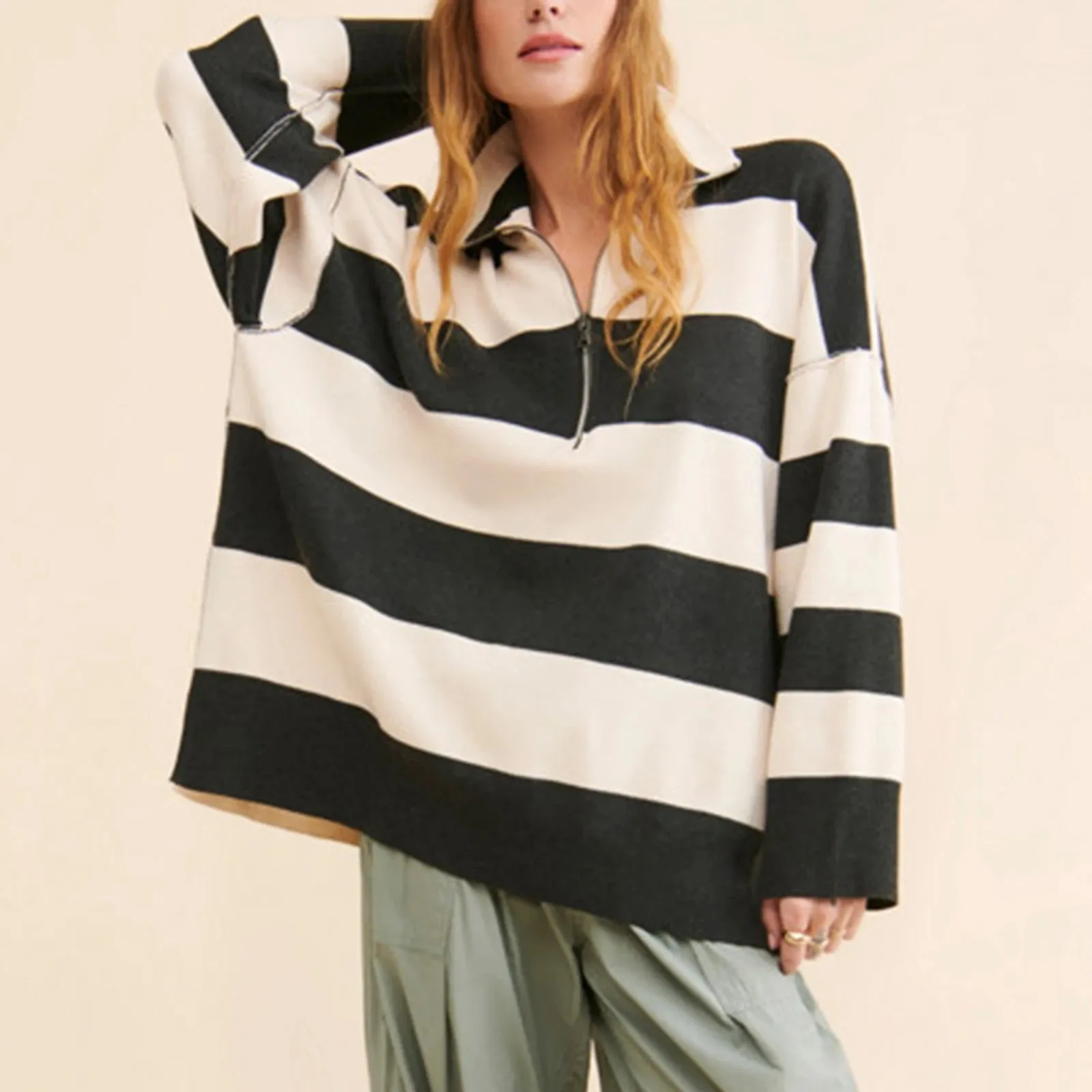 Bold Contrasting Stripe Half-Zip Pullover