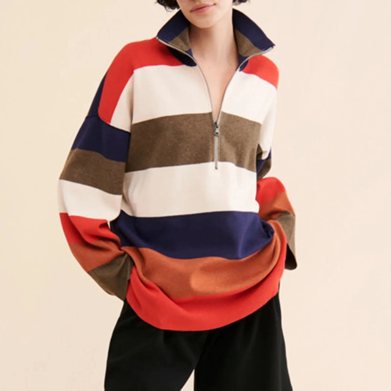 Bold Contrasting Stripe Half-Zip Pullover