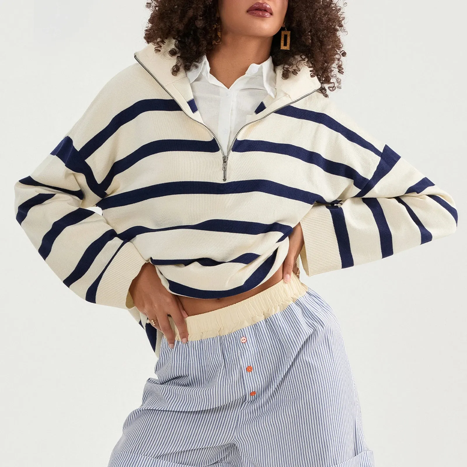 Bold Contrasting Stripe Half-Zip Pullover