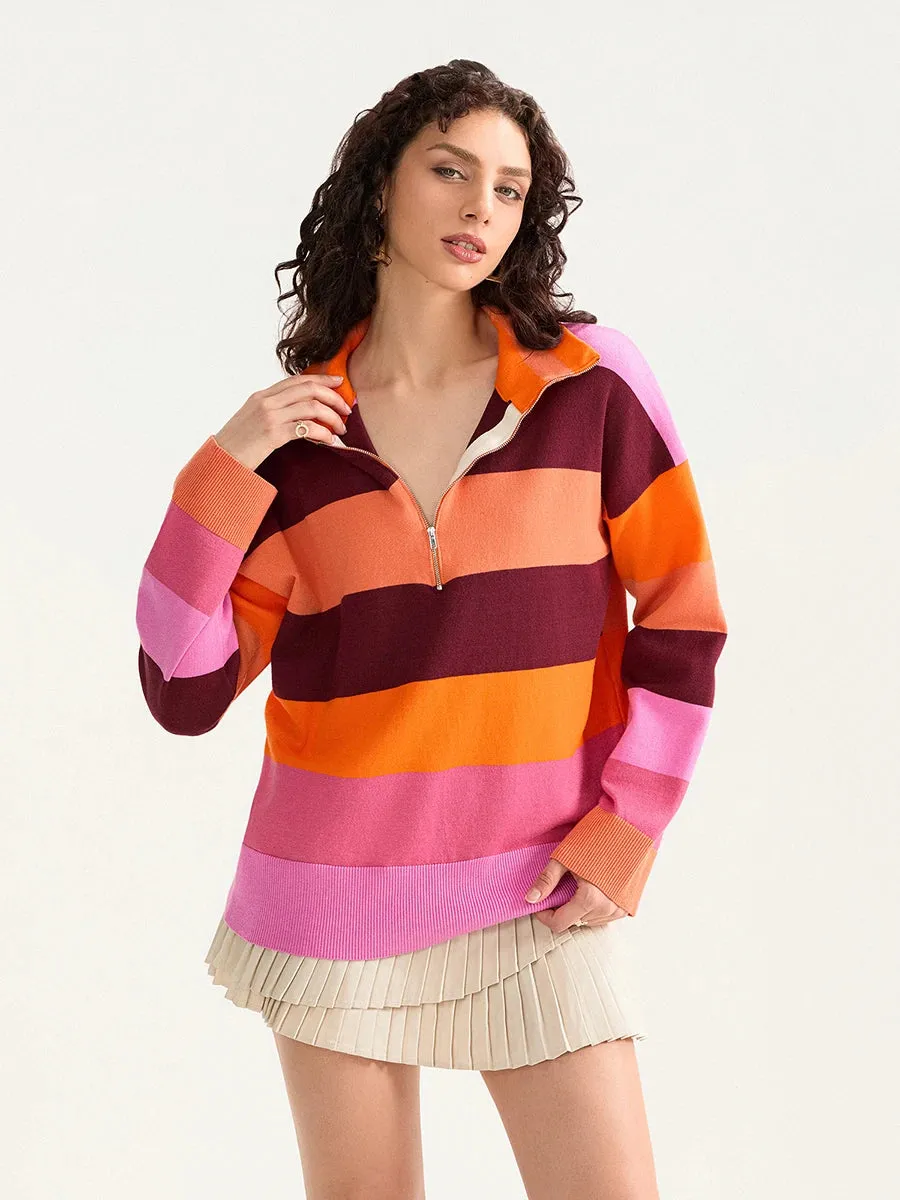 Bold Contrasting Stripe Half-Zip Pullover