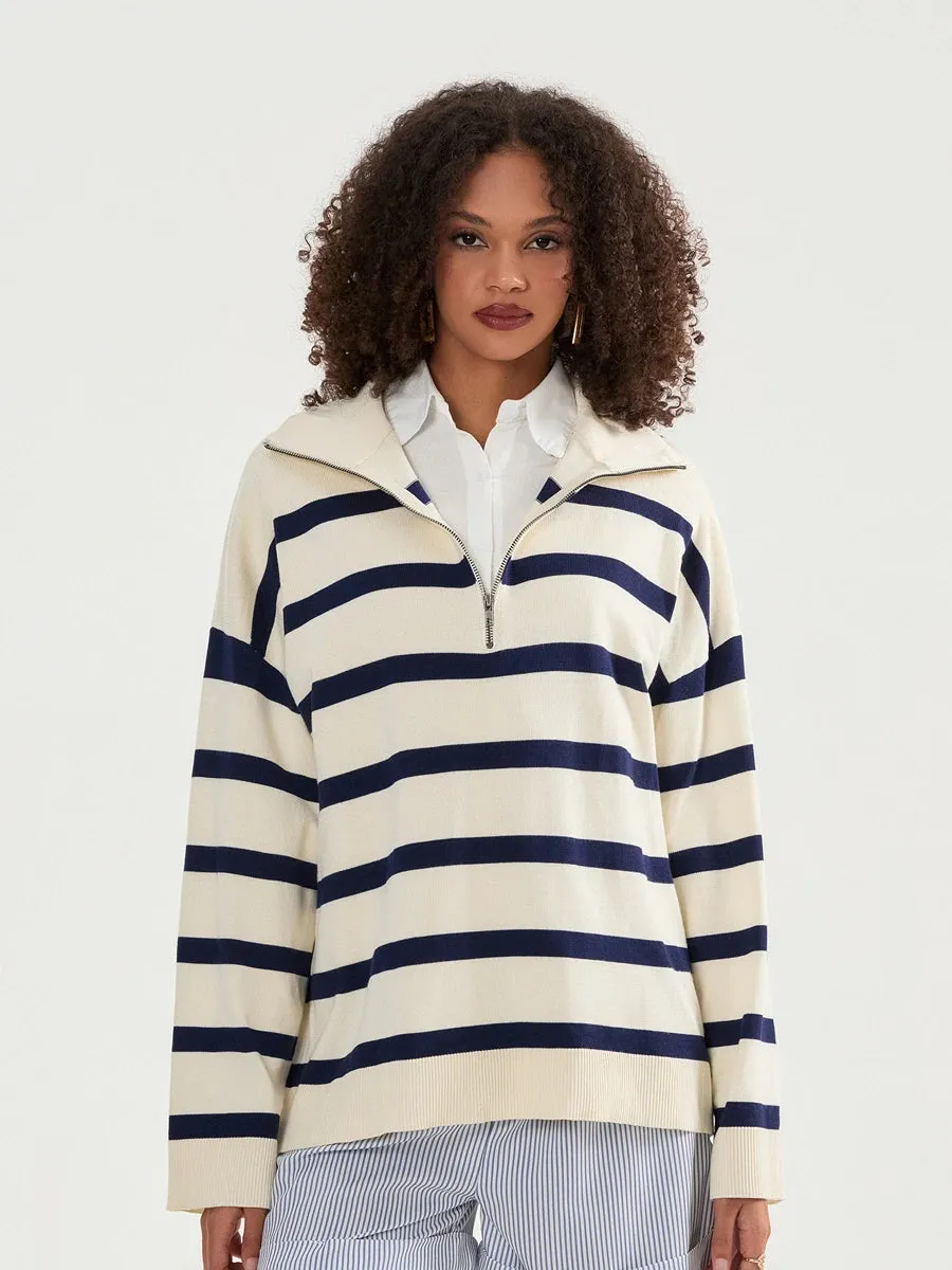 Bold Contrasting Stripe Half-Zip Pullover