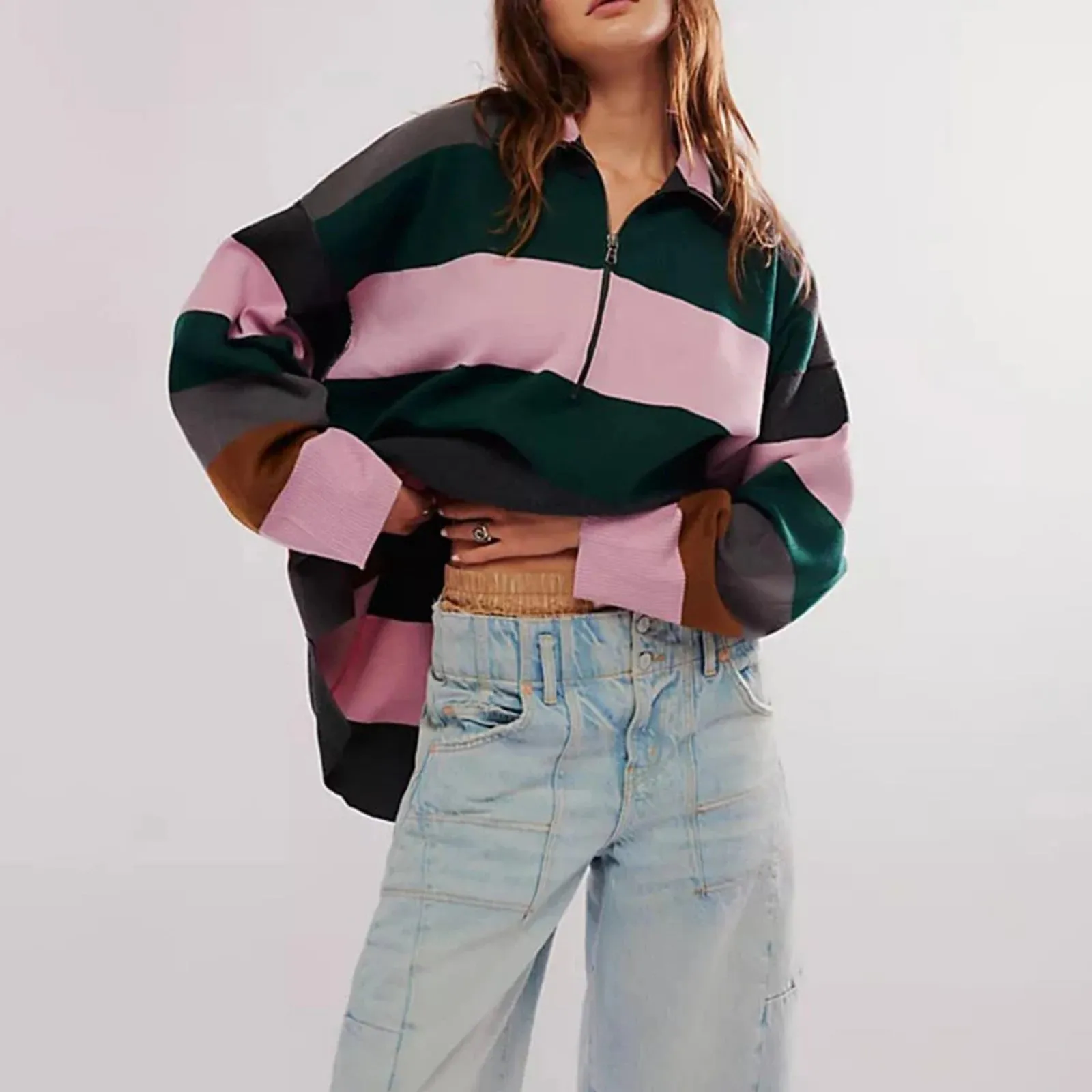 Bold Contrasting Stripe Half-Zip Pullover