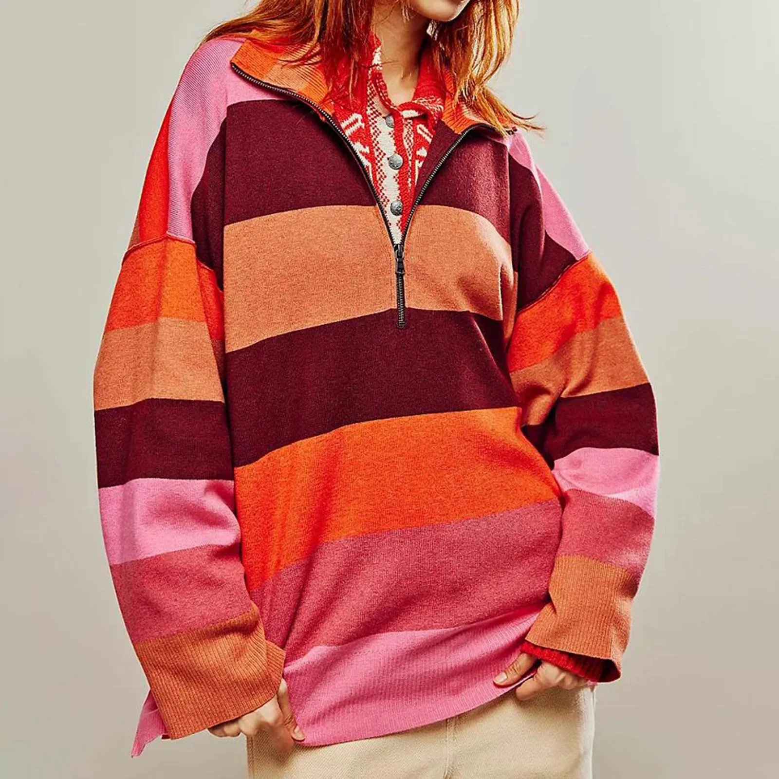 Bold Contrasting Stripe Half-Zip Pullover