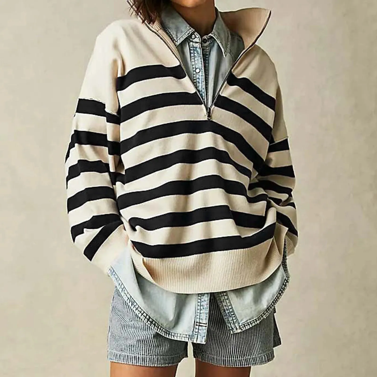 Bold Contrasting Stripe Half-Zip Pullover