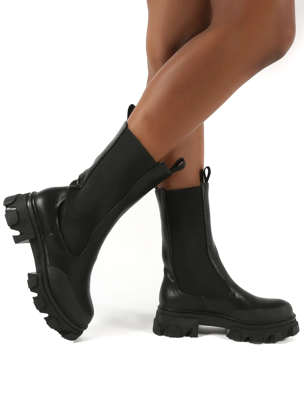 Boston Black Calf High Chunky Sole Boots