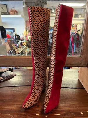 Burgundy & Animal Print Split Boots (Size 10)