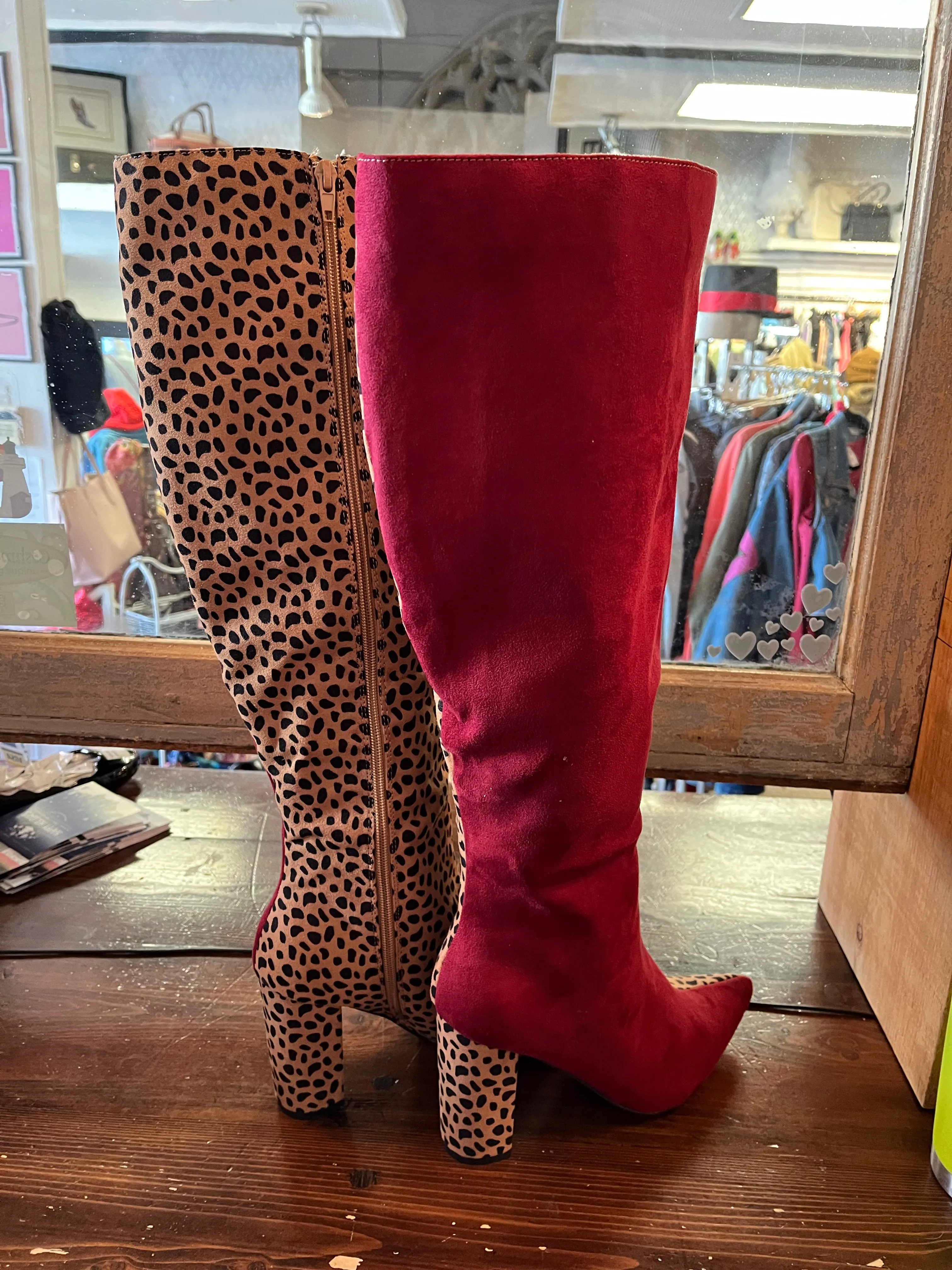 Burgundy & Animal Print Split Boots (Size 10)