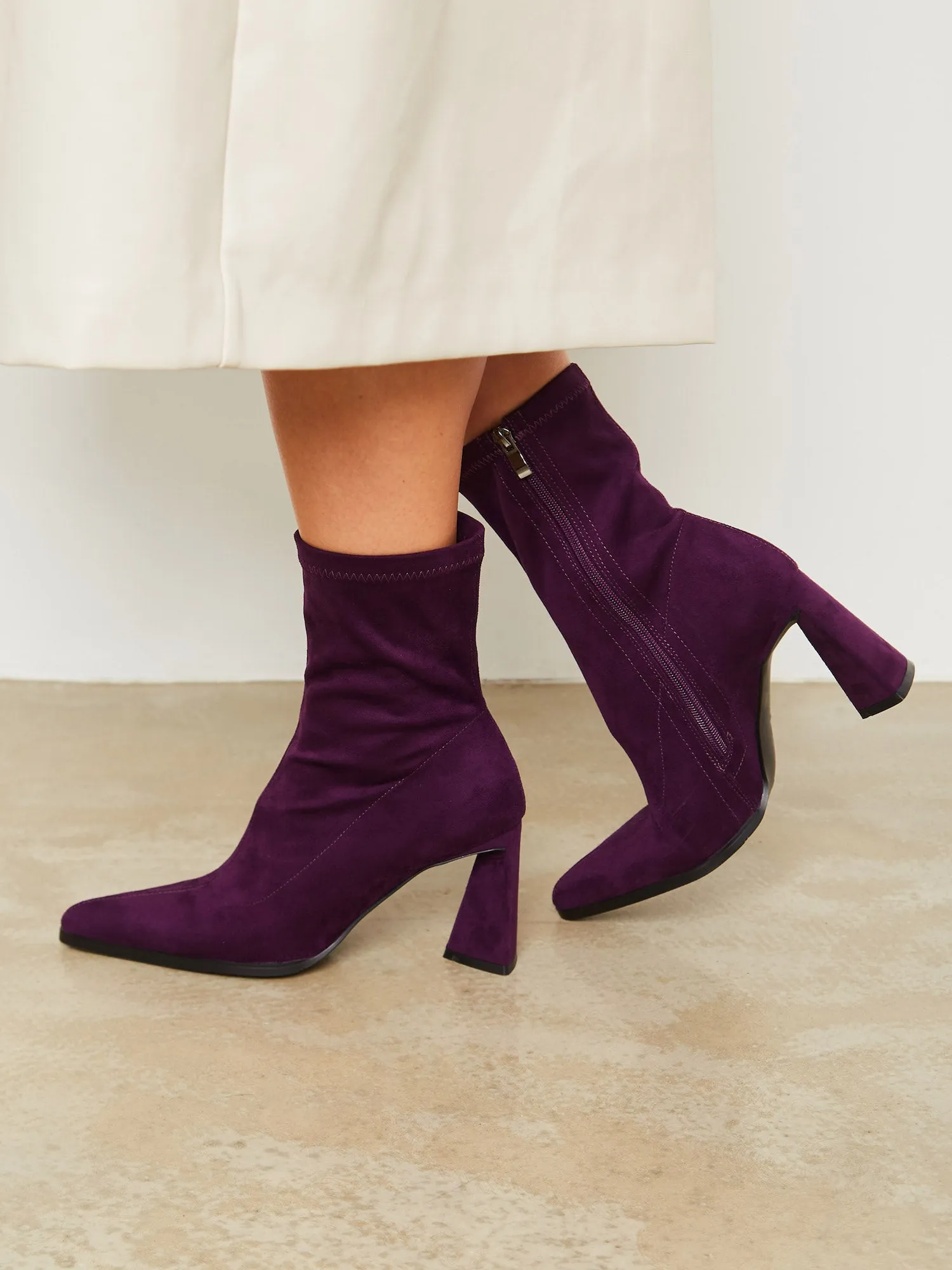 Casual Suede Block Heel Ankle Boots - Purple