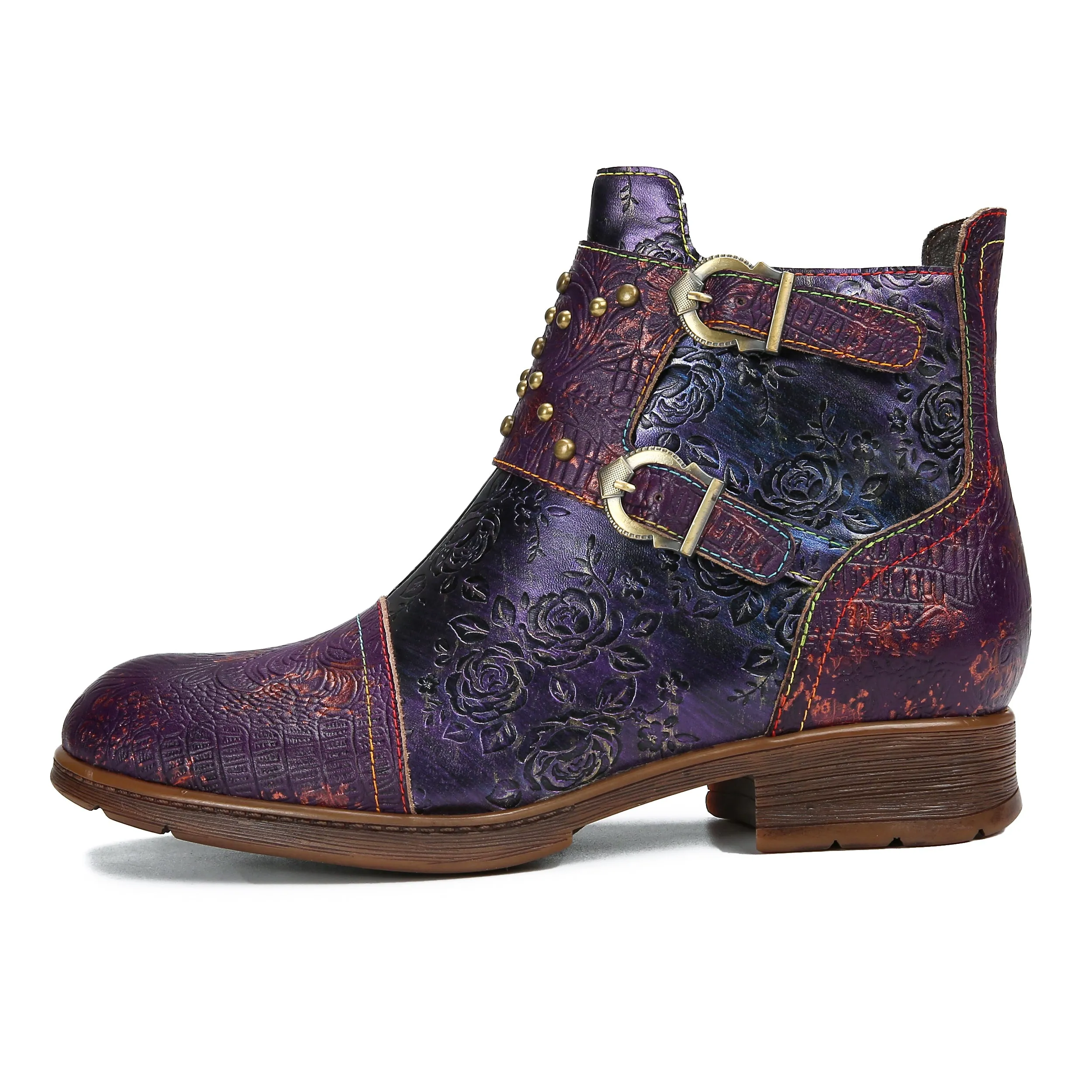 CrazycatZ Womens Studded Western Leather Boots Colorful Leather Ankle Boots Purple