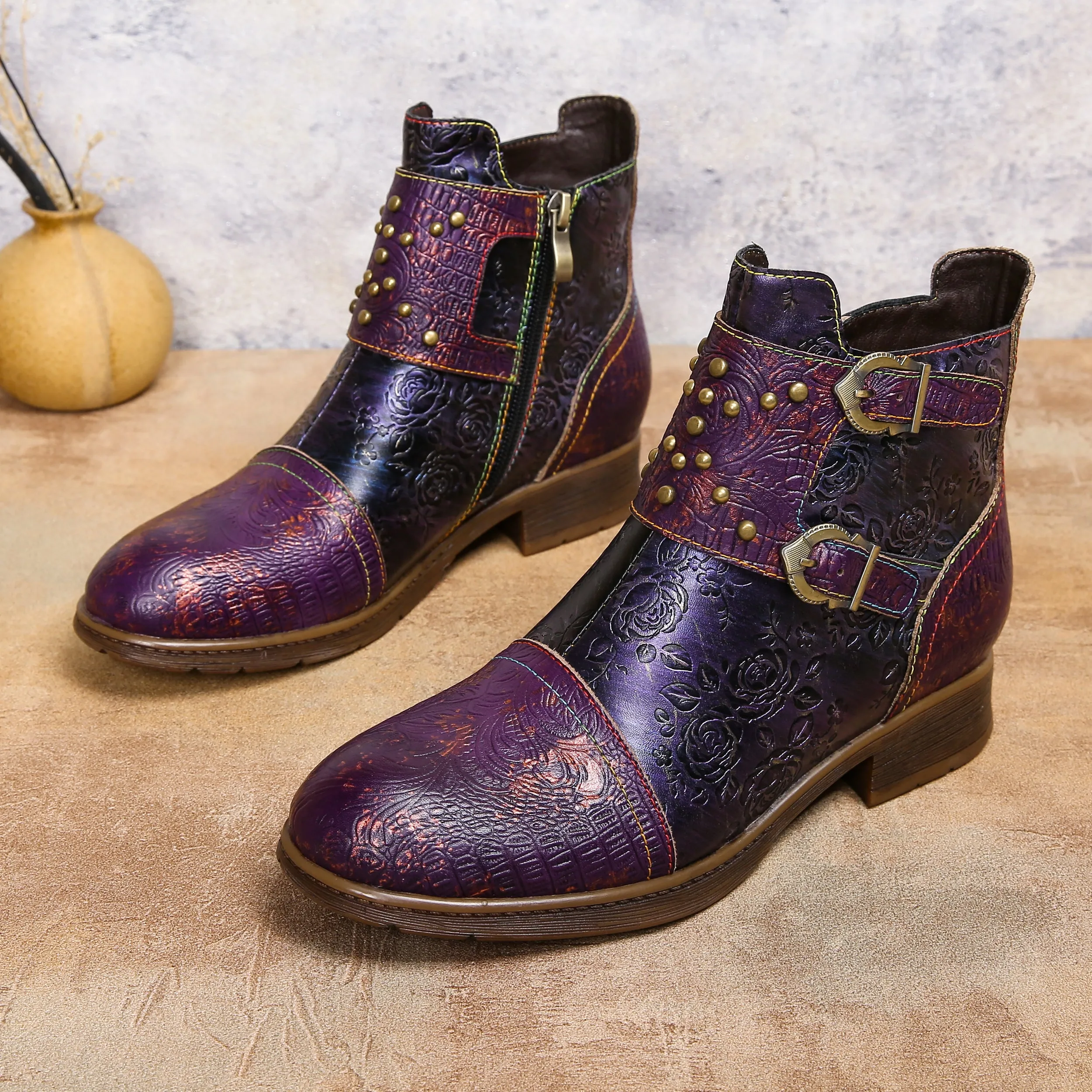 CrazycatZ Womens Studded Western Leather Boots Colorful Leather Ankle Boots Purple