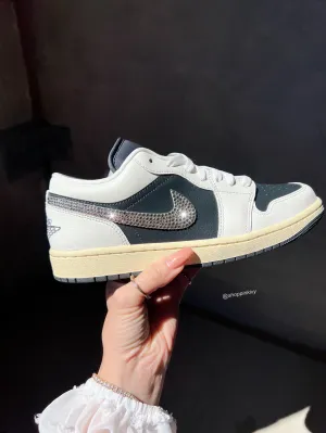 Cream Gray Swarovski Women’s Air Jordan 1 Low Shoes