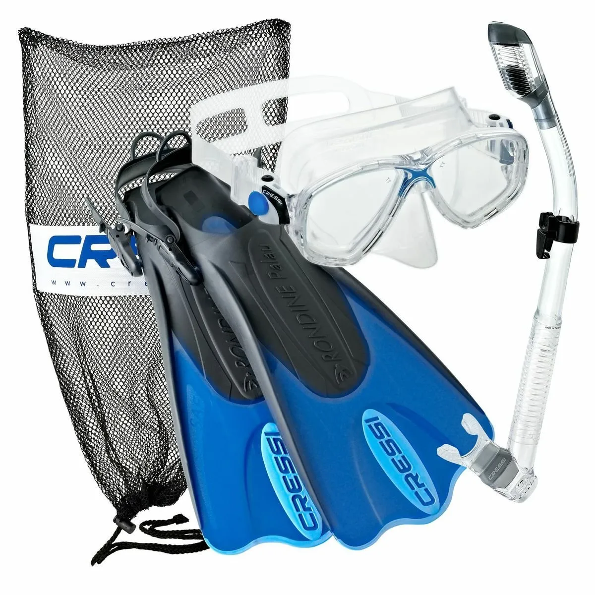 Cressi Palau Saf Open Heel Fins Marea Dive Mask Supernova Dry Snorkel and Net Bag Combo