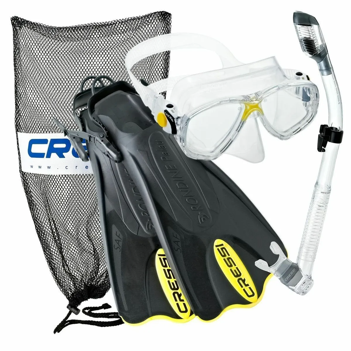 Cressi Palau Saf Open Heel Fins Marea Dive Mask Supernova Dry Snorkel and Net Bag Combo