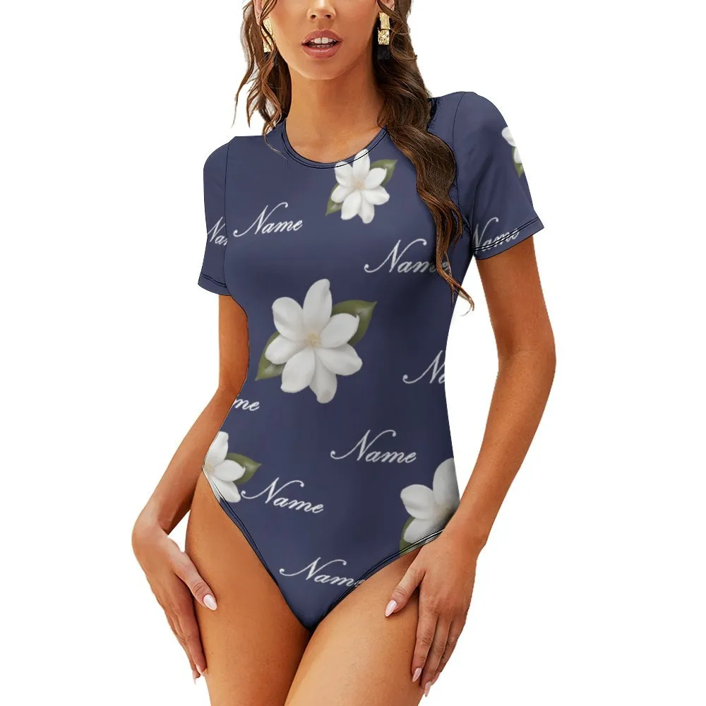 Custom Name White Flower Women's Regular Crew Neck Short Sleeve T-Shirt Bodysuit