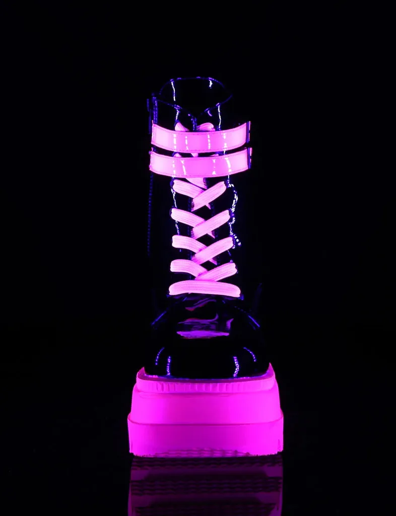 DEMONIA SHAKER-52 PLATFORM BOOTS - BLACK PATENT UV NEON PINK ✰ PRE ORDER ✰