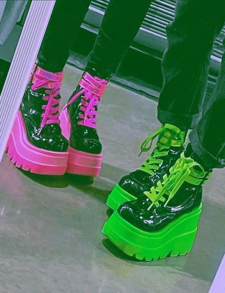 DEMONIA SHAKER-52 PLATFORM BOOTS - BLACK PATENT UV NEON PINK ✰ PRE ORDER ✰