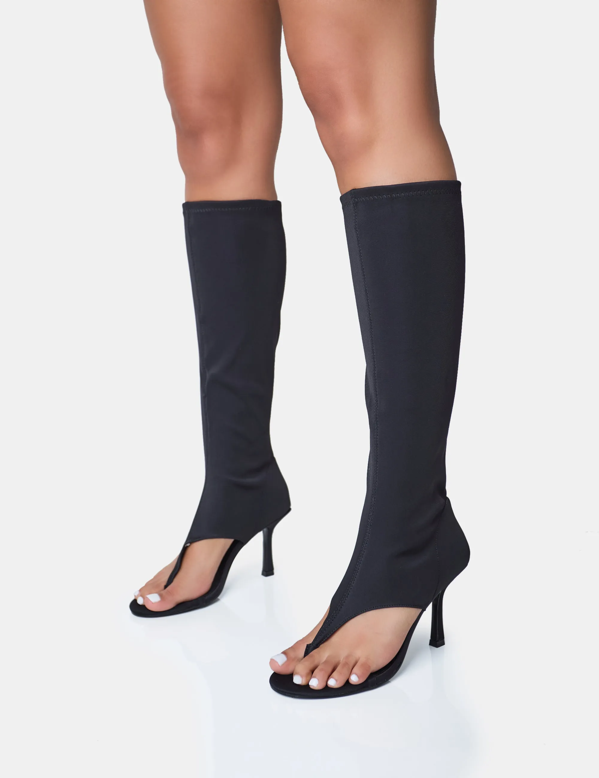 Devi Black Neoprene Toe Post Stiletto Knee High Boots