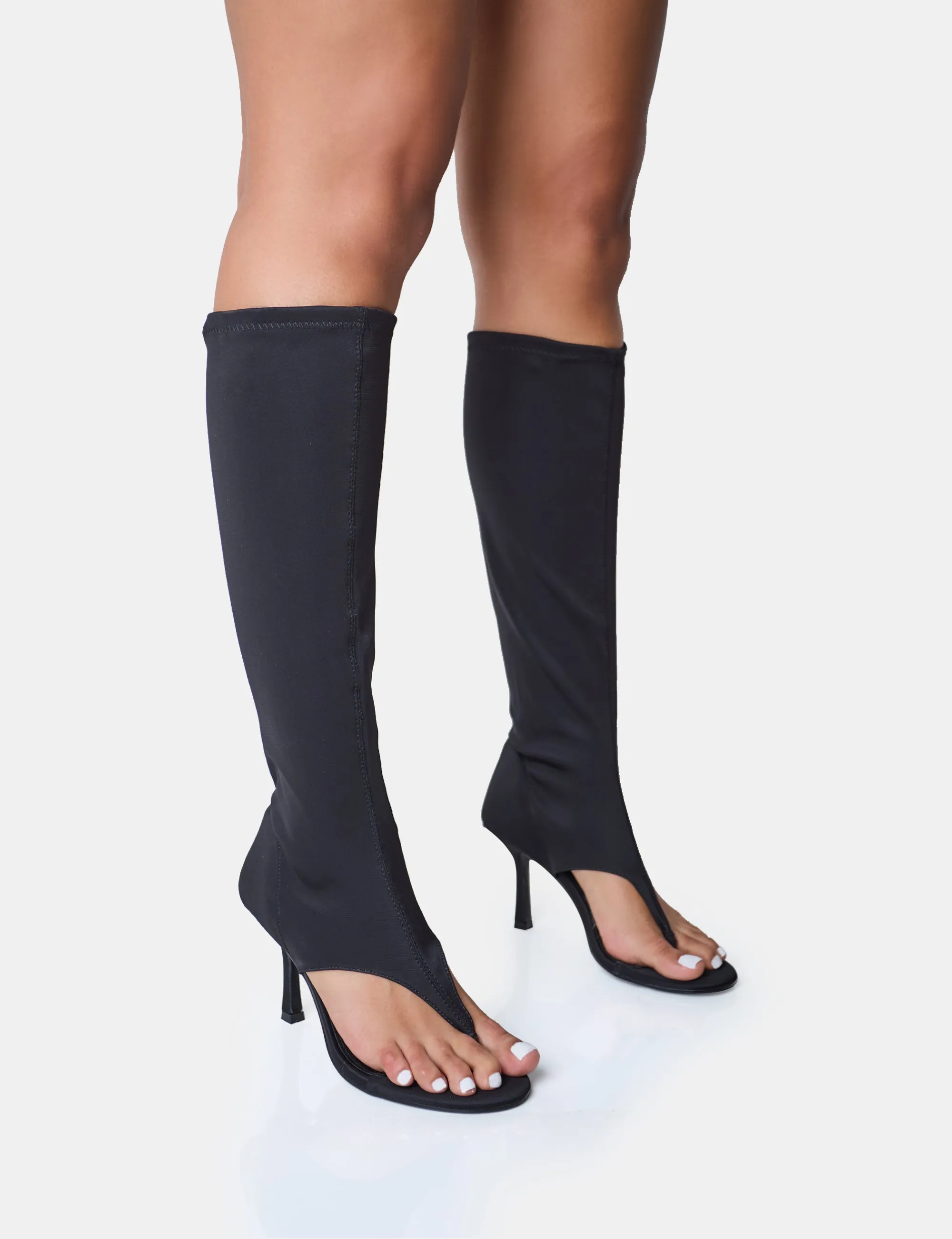 Devi Black Neoprene Toe Post Stiletto Knee High Boots