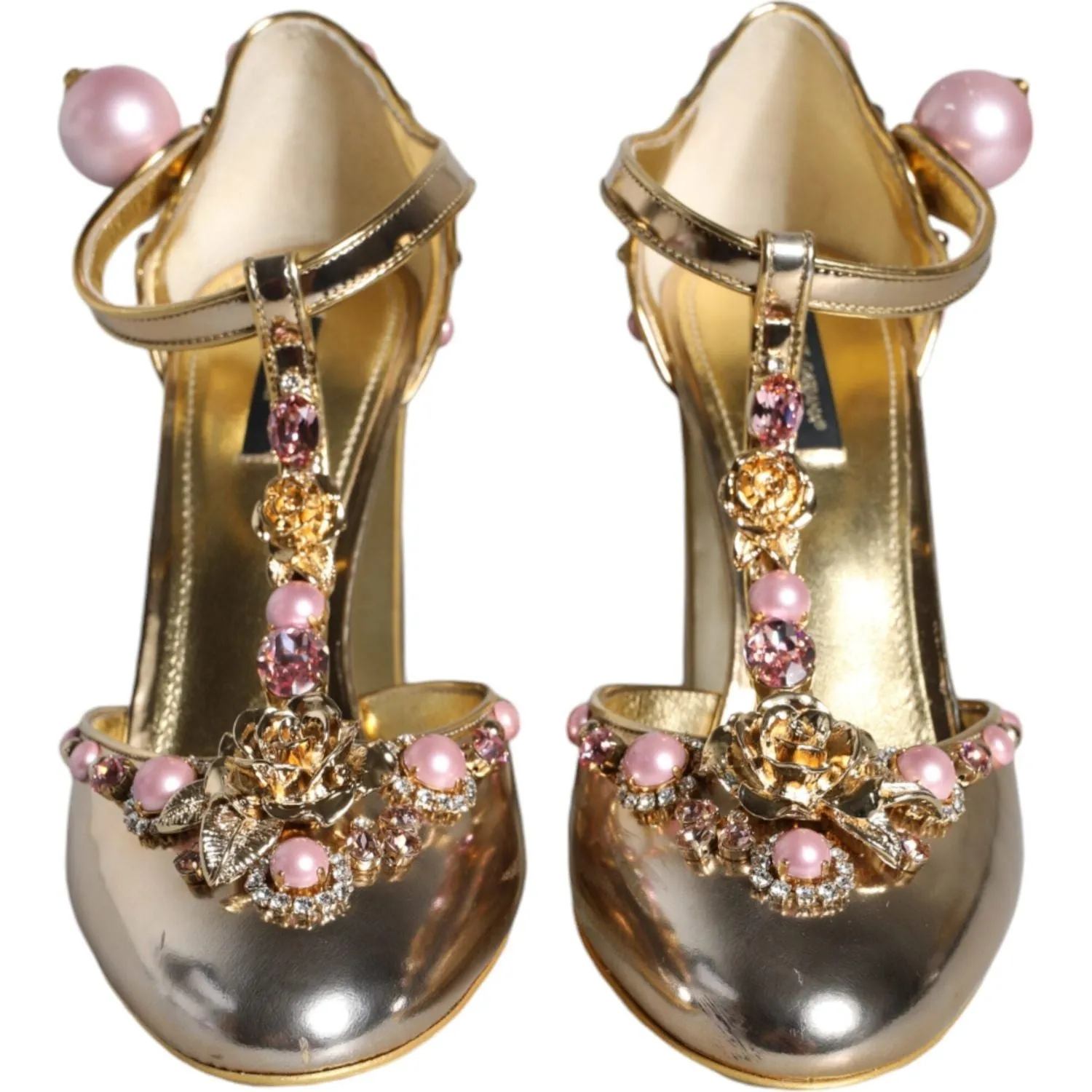 Dolce & Gabbana Gold Embellished Leather T-strap Heels Shoes