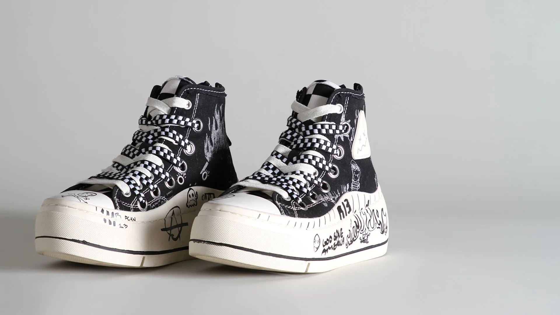 DOUBLE GROMMET KURT HIGH TOP SNEAKER - BLACK GRAFFITI CHECKER