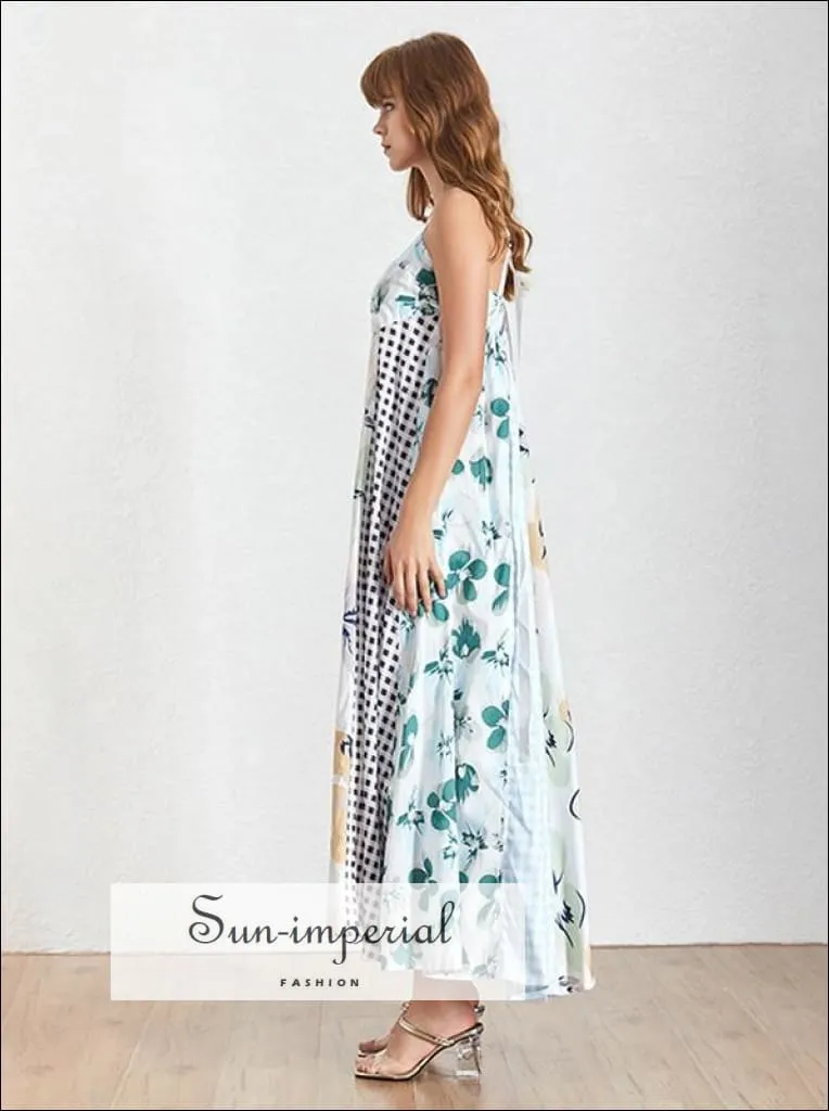 Floral Vintage Print a Line Dress for Women Sleeveless Tie Dye Strap Maxi Dress