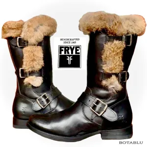 FRYE Vintage Jamie Luxe Rabbit Fur Lined Buckle Zip Black Biker Moto Winter Boots