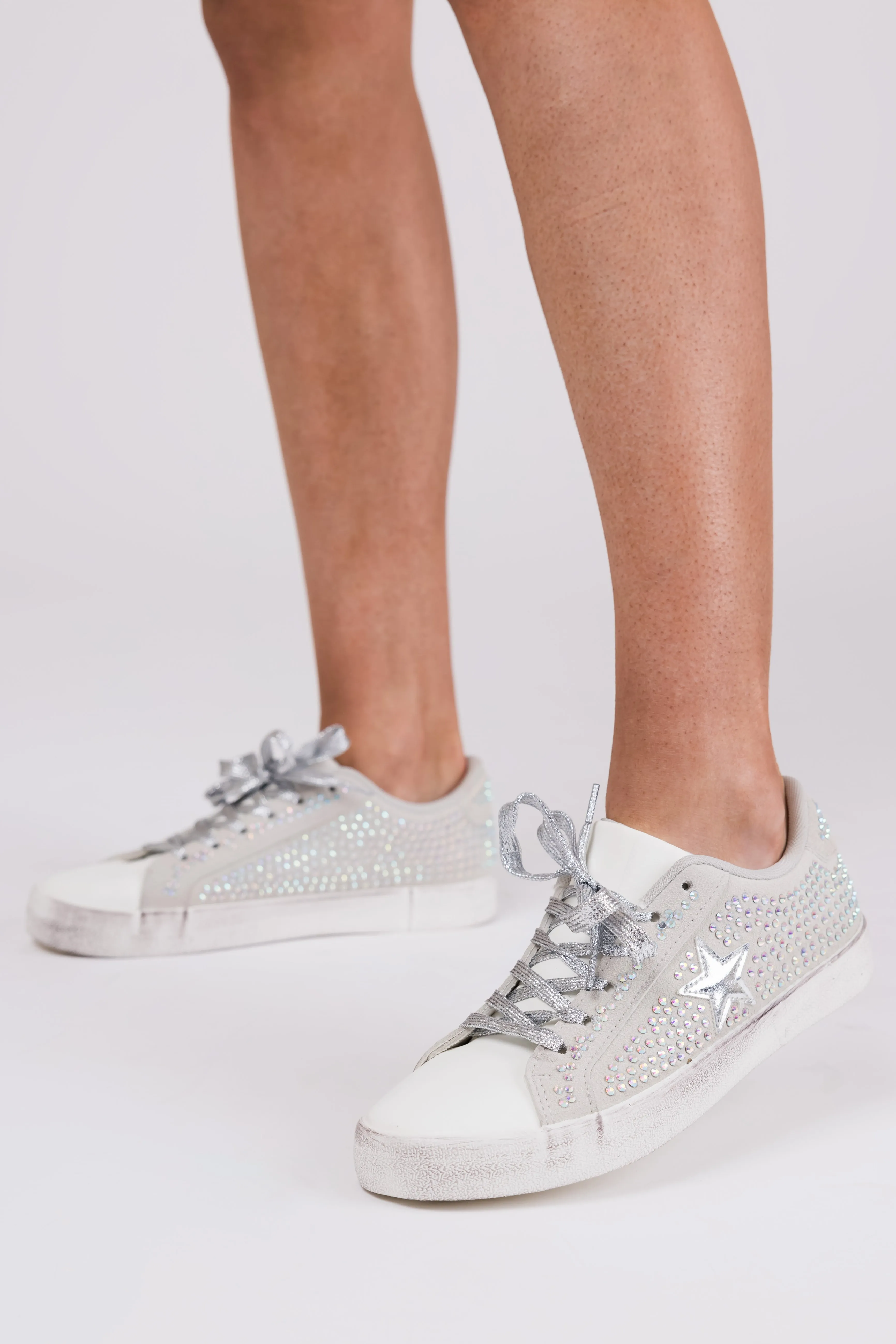 Grey Distressed Sole Rhinestone Sneakers