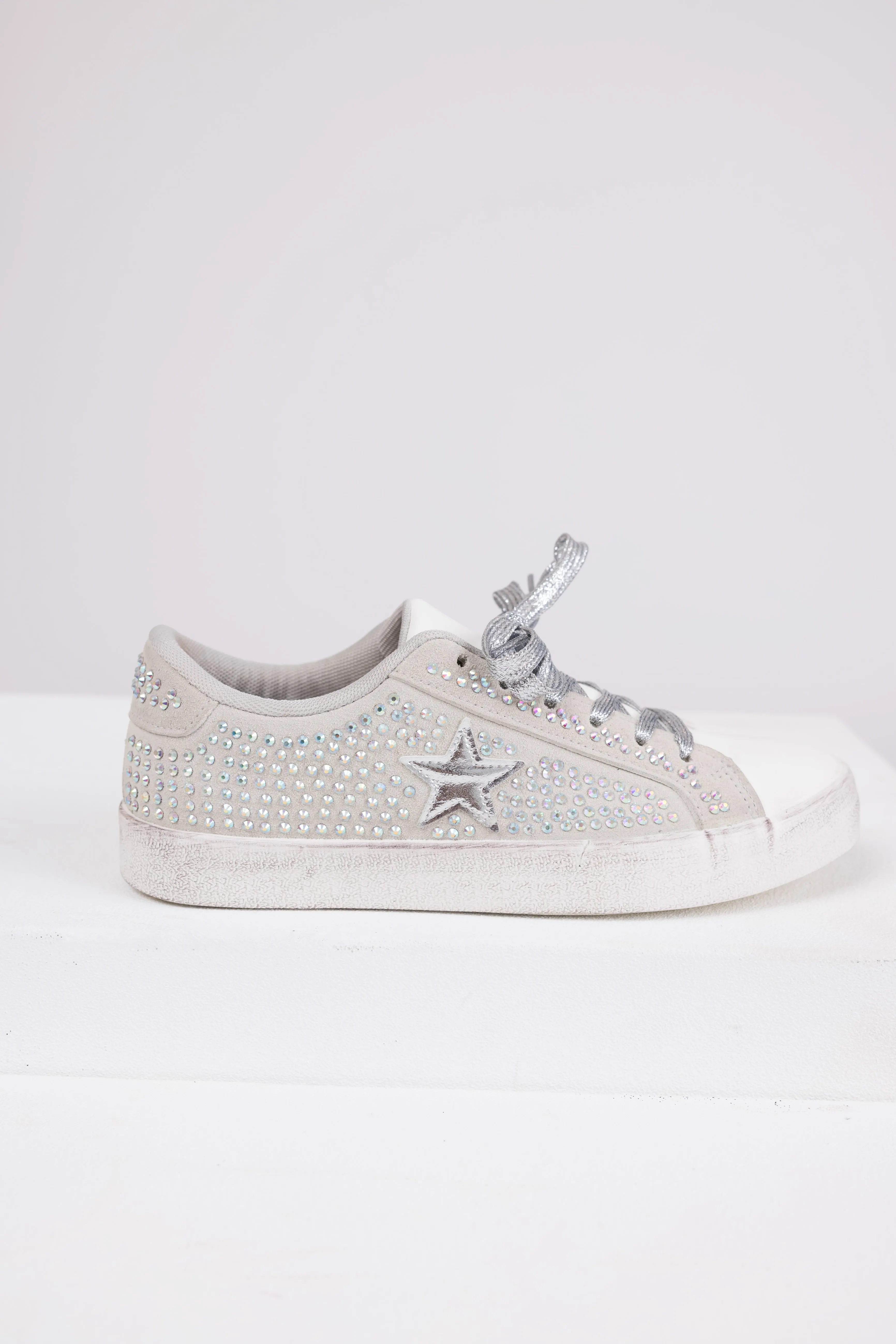 Grey Distressed Sole Rhinestone Sneakers