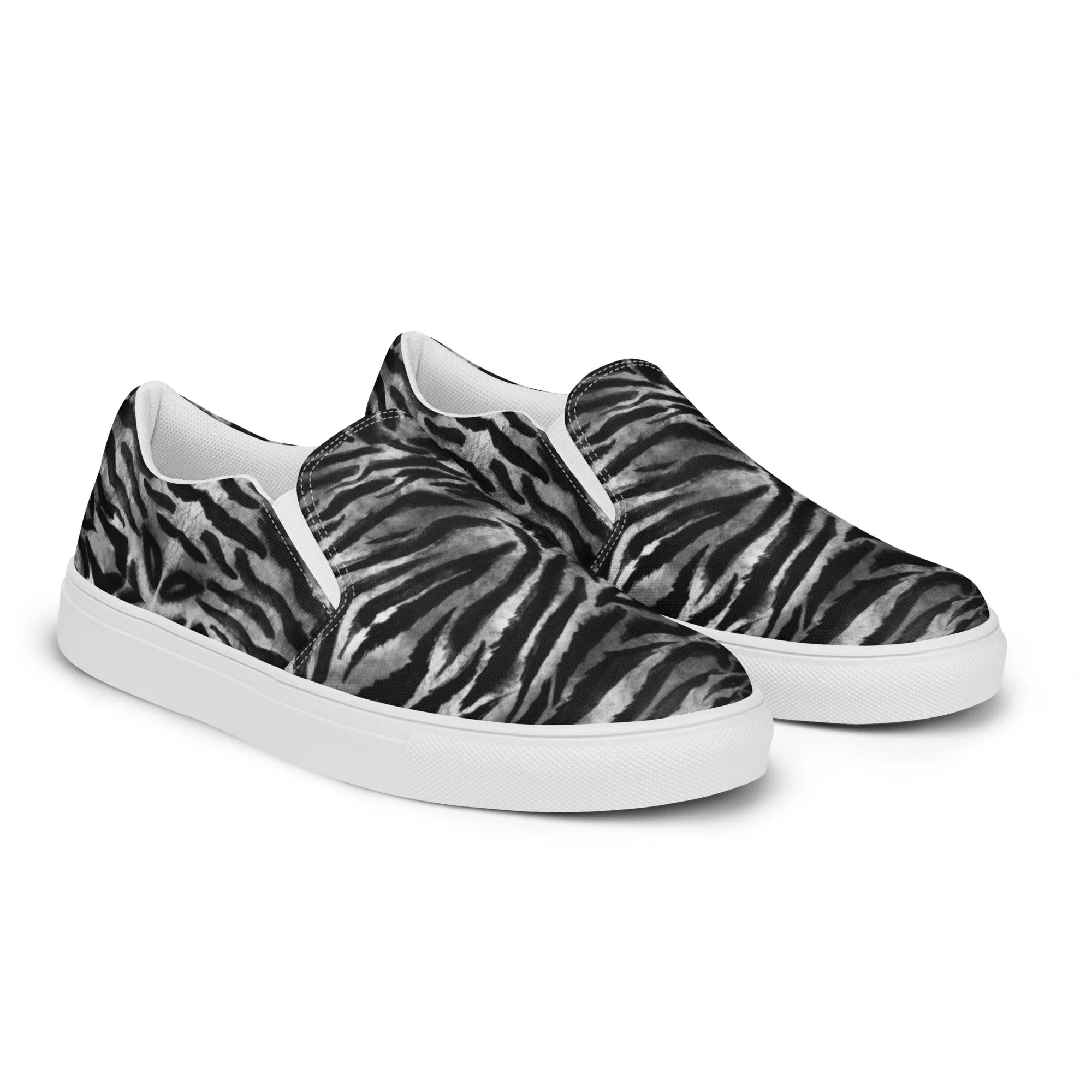 Grey Tiger Striped Men's Shoes, Solid Grey Tiger Striped Animal Print Best Casual Breathable Men’s Slip-on Canvas Shoes (US Size: 5-13)