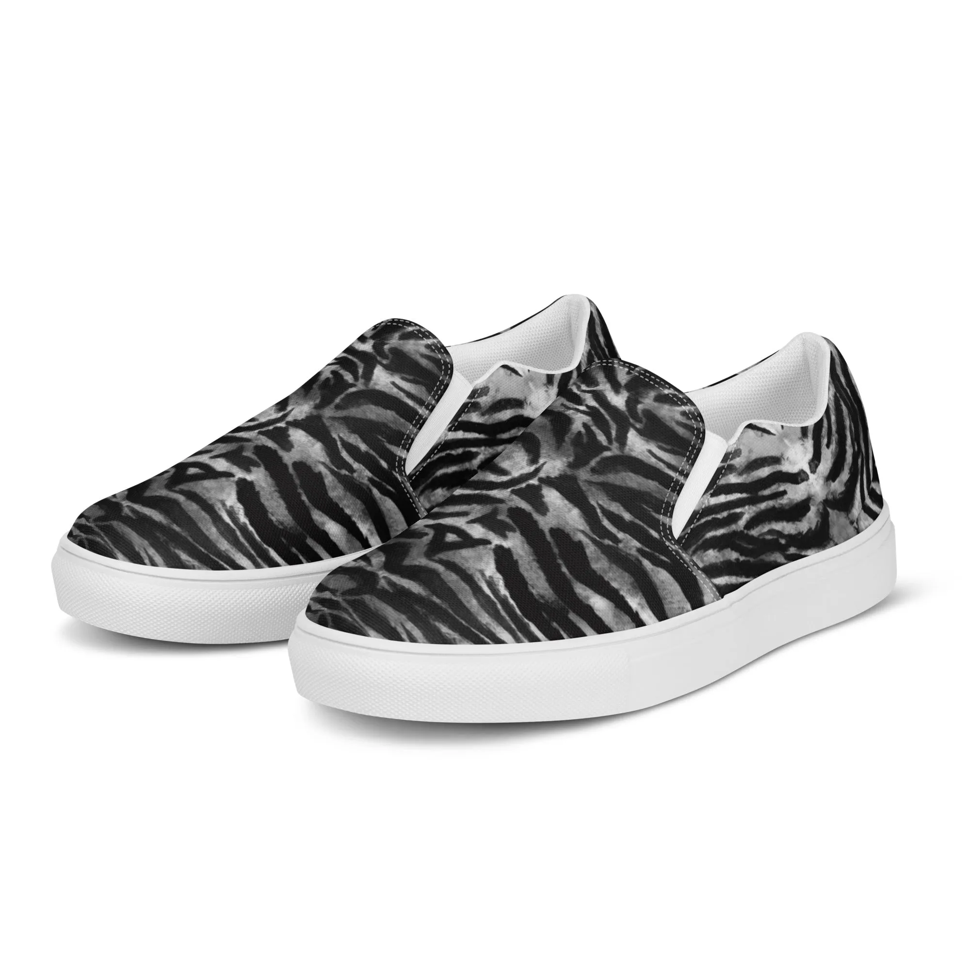 Grey Tiger Striped Men's Shoes, Solid Grey Tiger Striped Animal Print Best Casual Breathable Men’s Slip-on Canvas Shoes (US Size: 5-13)