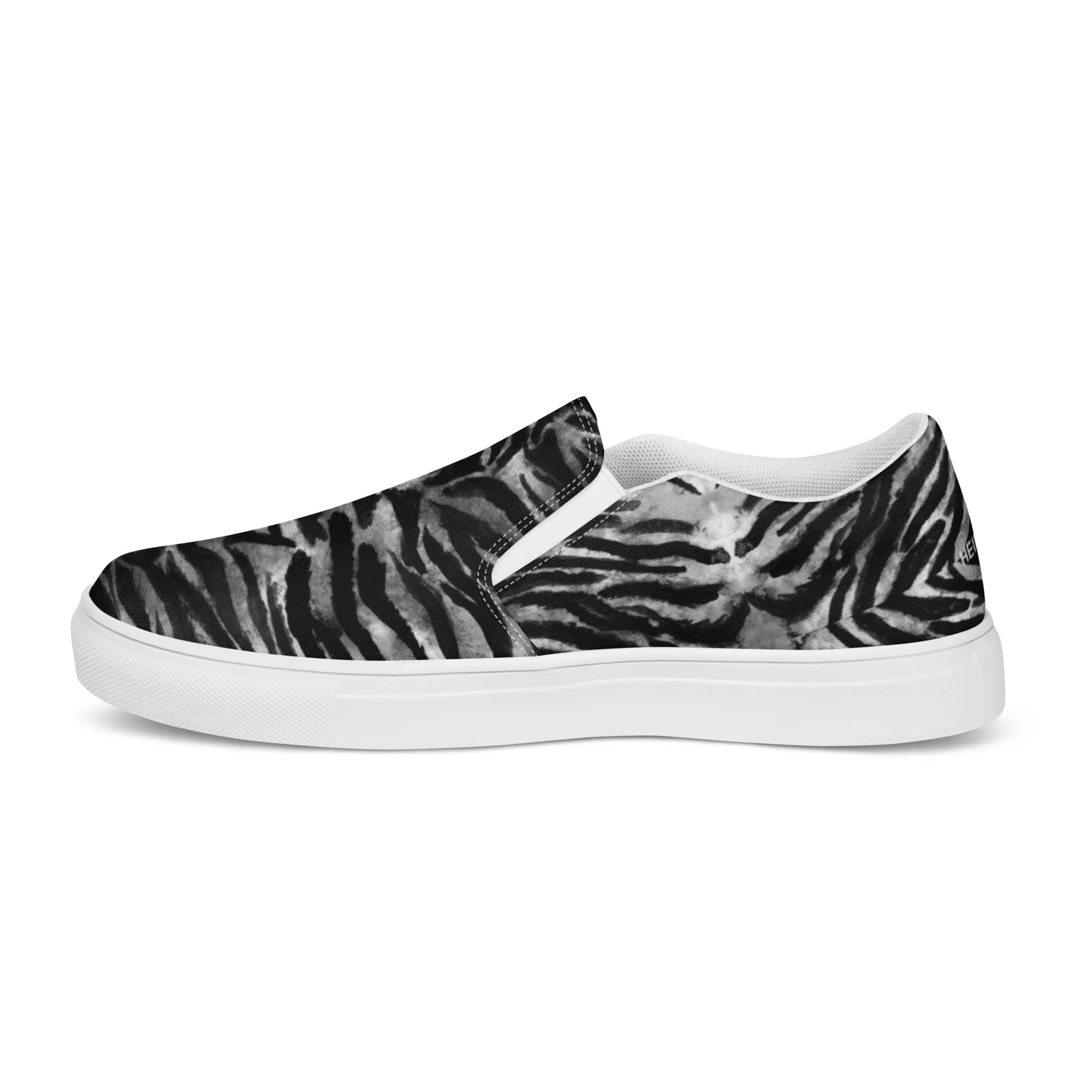 Grey Tiger Striped Men's Shoes, Solid Grey Tiger Striped Animal Print Best Casual Breathable Men’s Slip-on Canvas Shoes (US Size: 5-13)