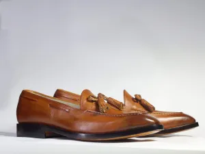 Handmade Brown Tussles Leather Loafers For Men's