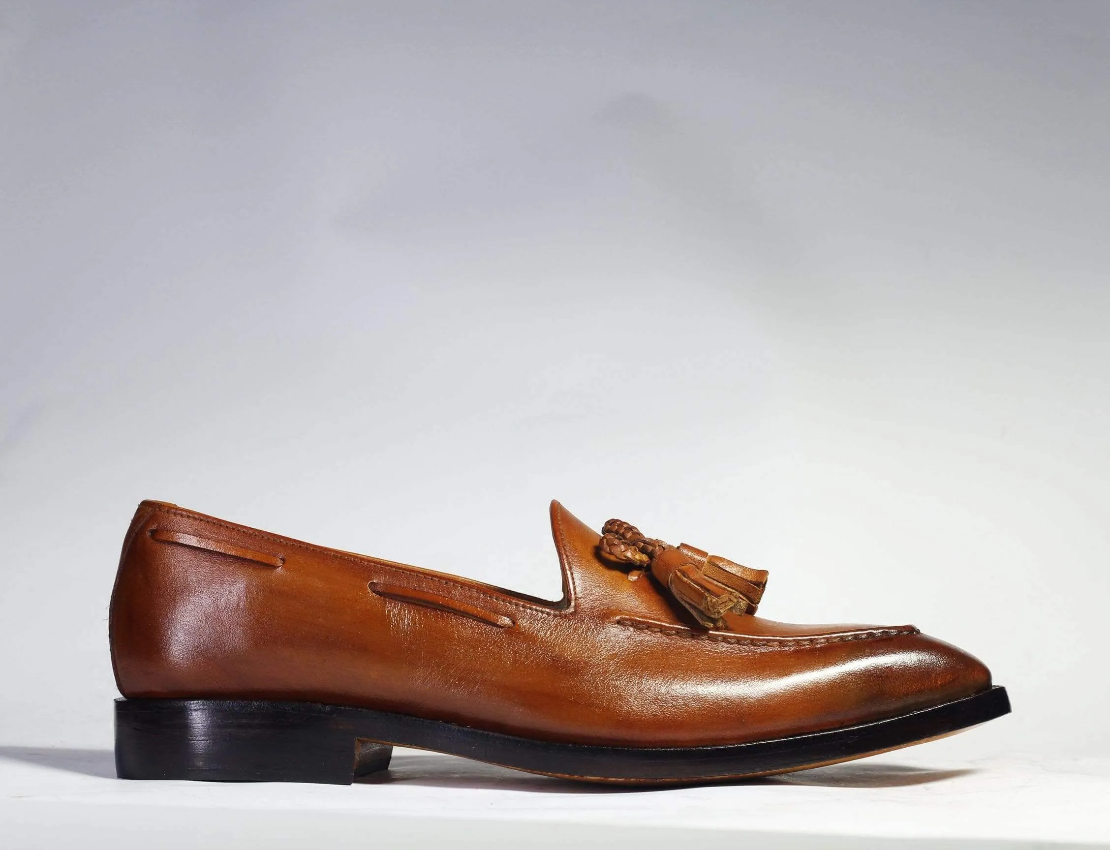 Handmade Brown Tussles Leather Loafers For Men's