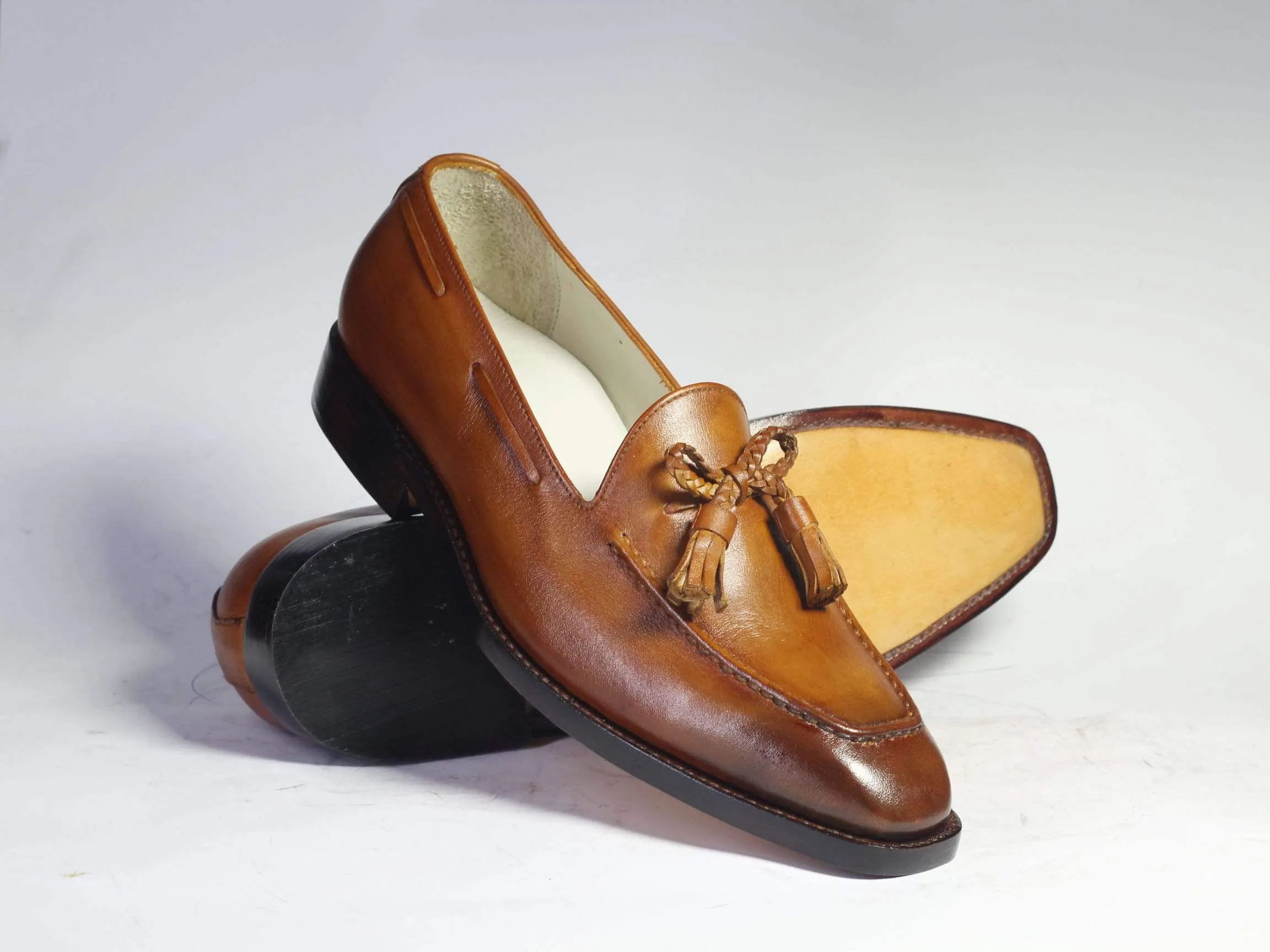 Handmade Brown Tussles Leather Loafers For Men's