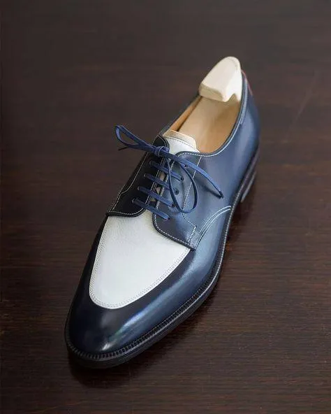 Handmade Men's Blue White Leather Round Toe Shoes