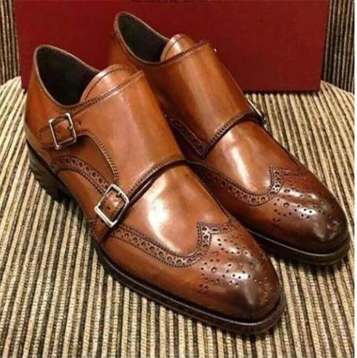 Handmade Men's Brown Leather Monk Strap Wing Tip Brogue Shoe