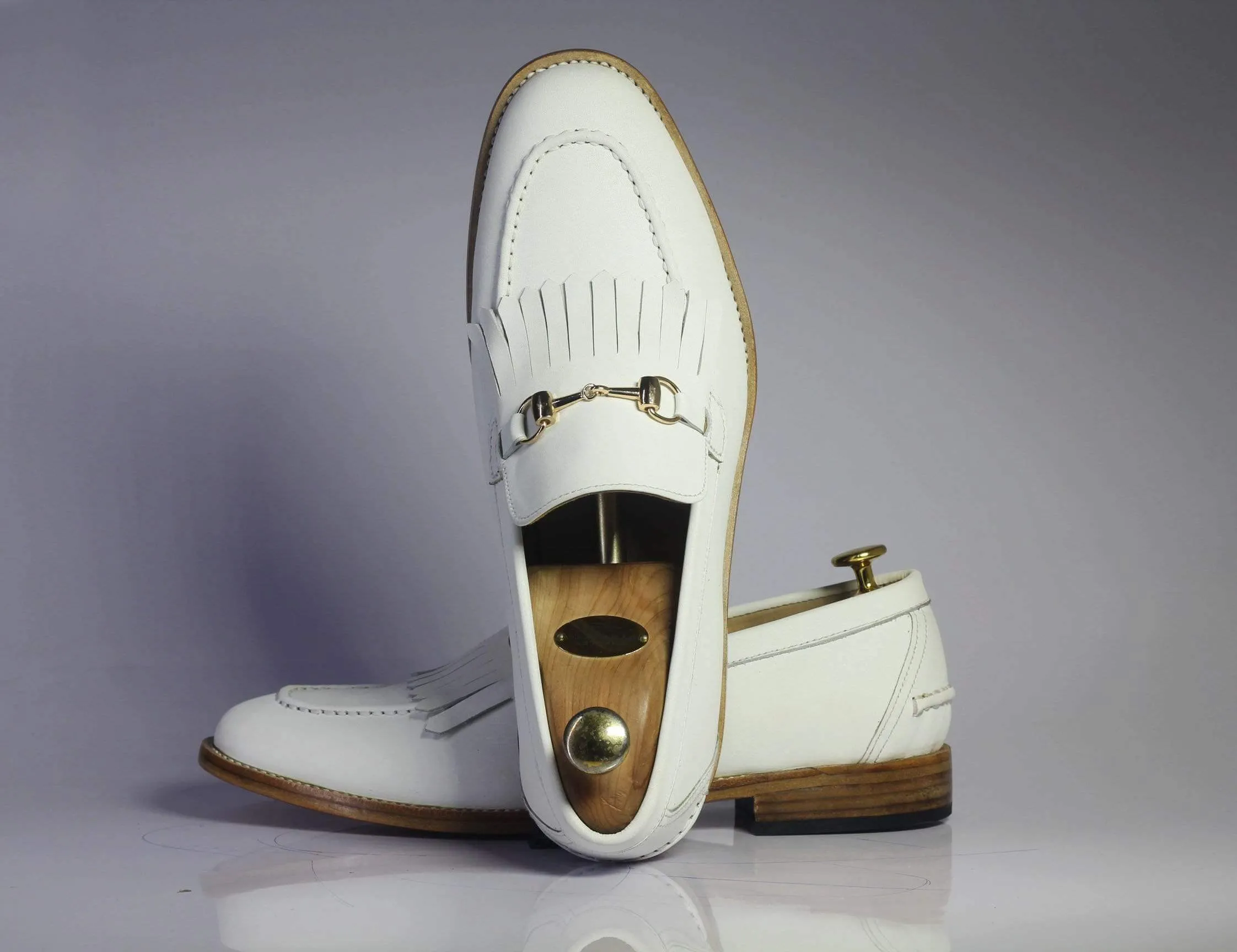 Handmade White Fringe Loafers Leather Shoes For Men's