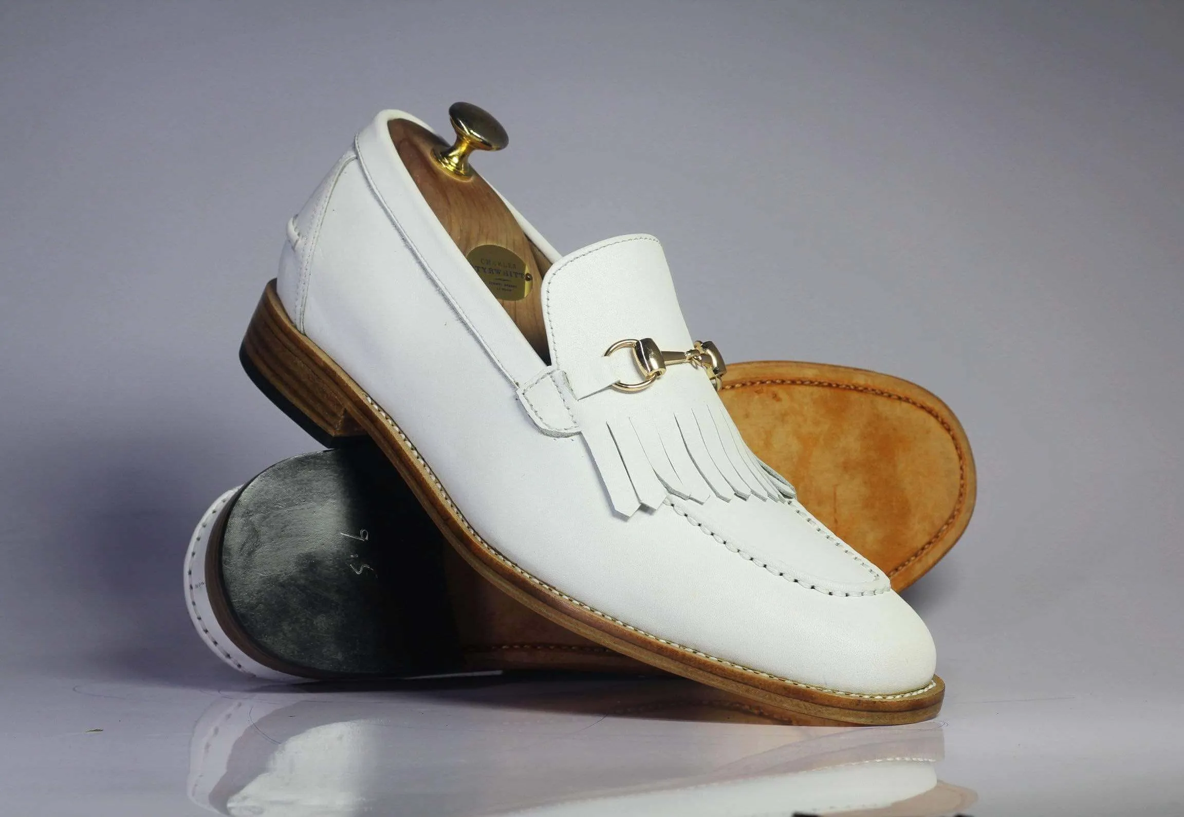 Handmade White Fringe Loafers Leather Shoes For Men's