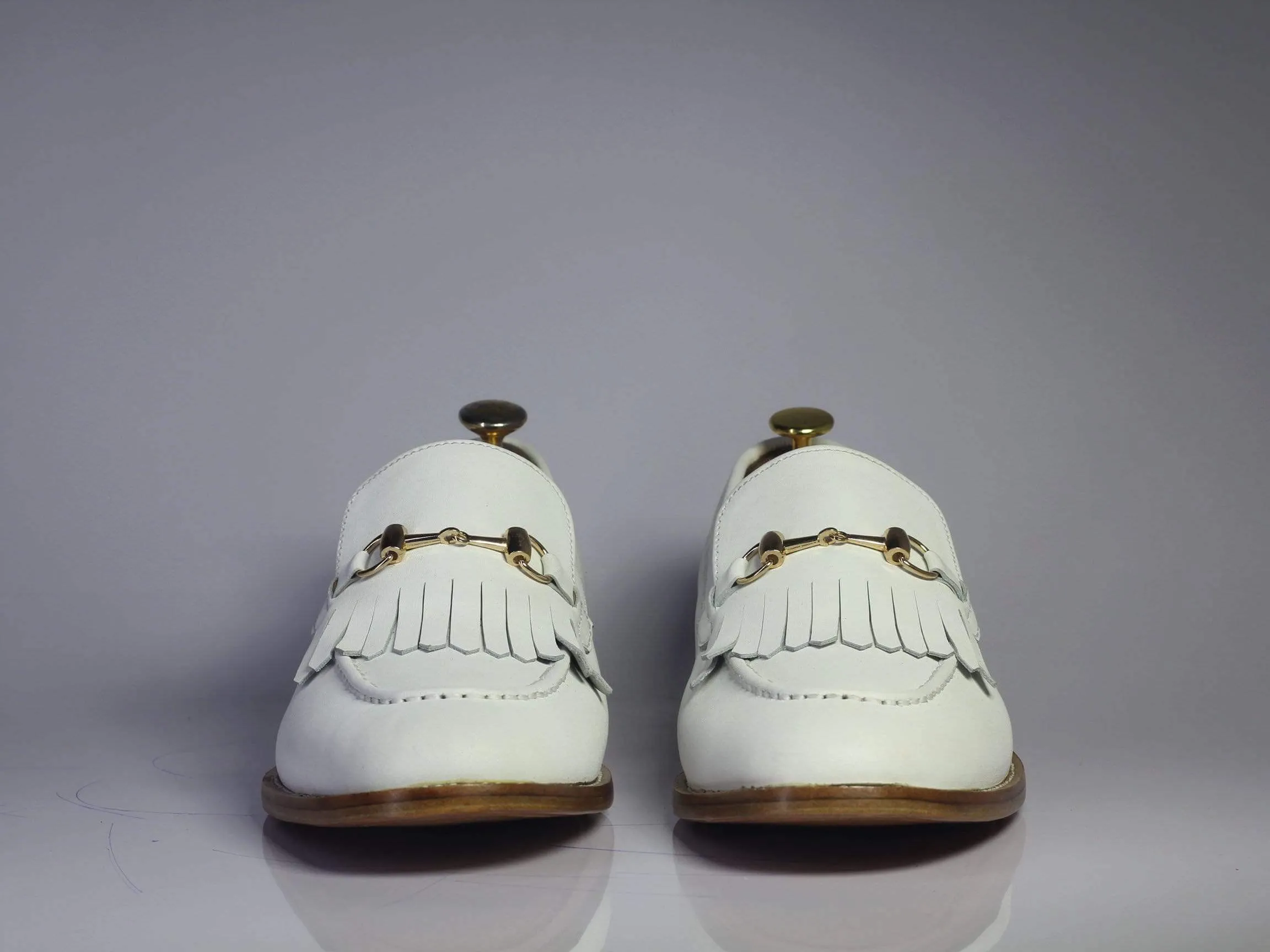 Handmade White Fringe Loafers Leather Shoes For Men's