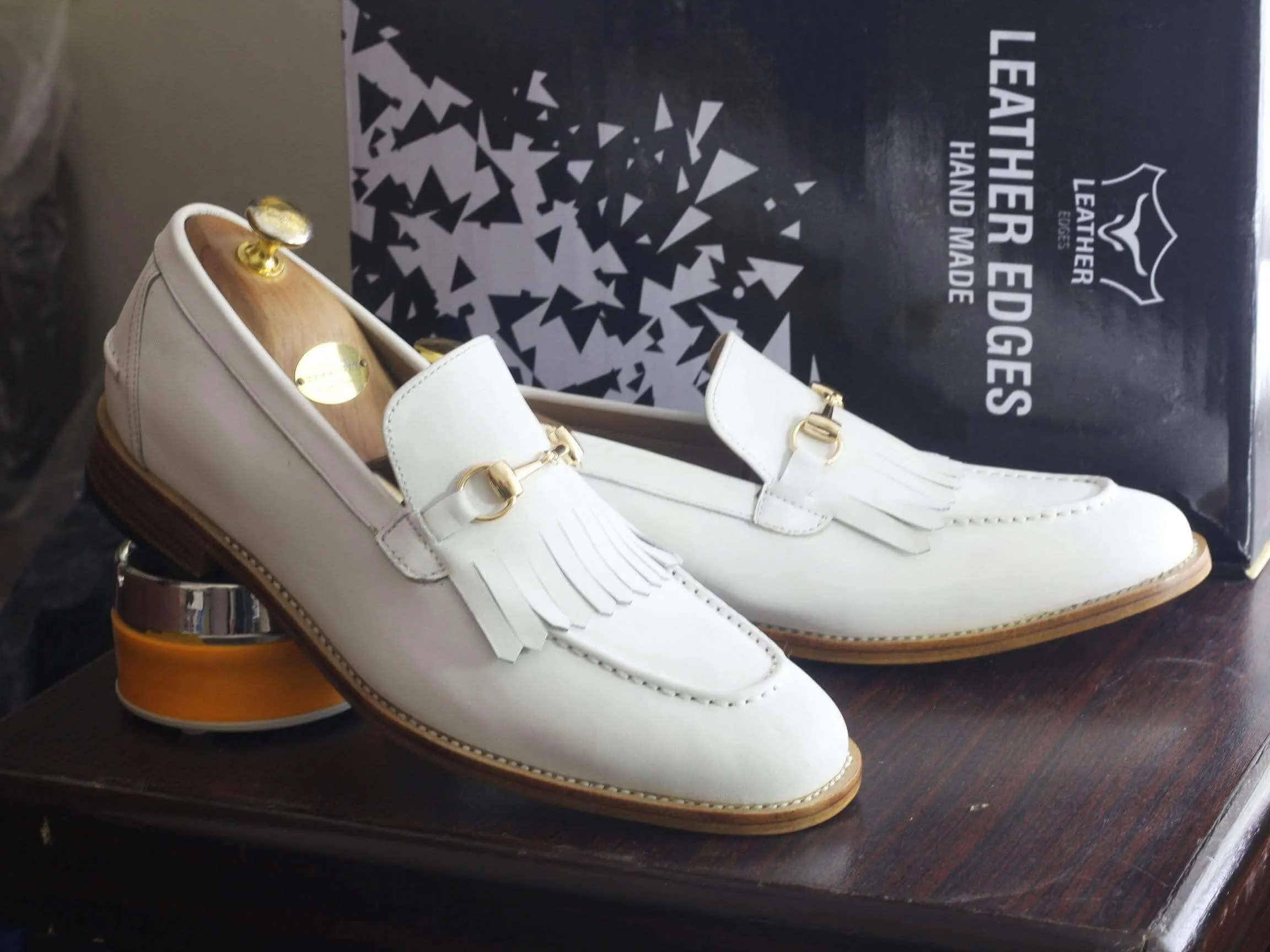 Handmade White Fringe Loafers Leather Shoes For Men's