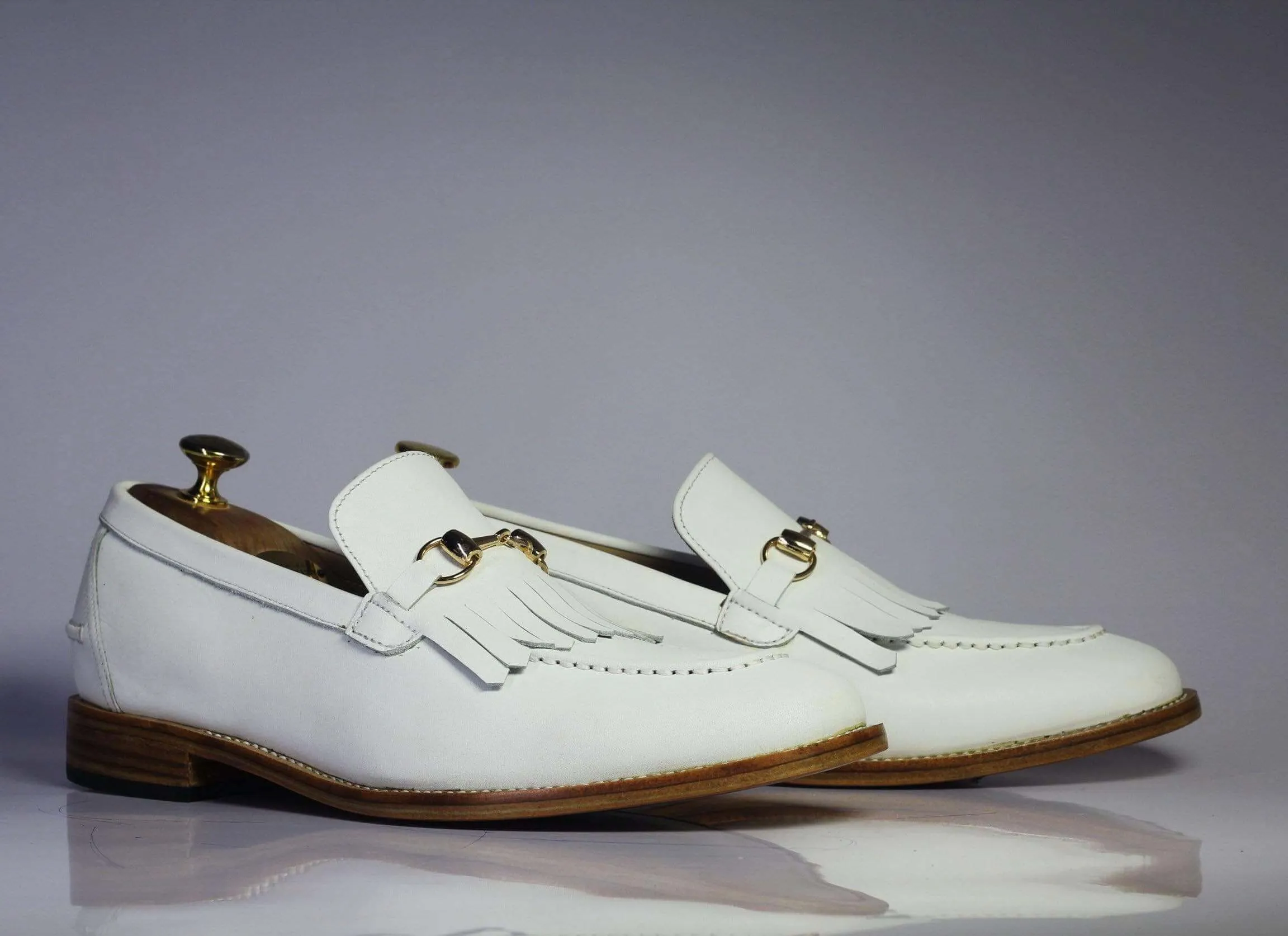 Handmade White Fringe Loafers Leather Shoes For Men's