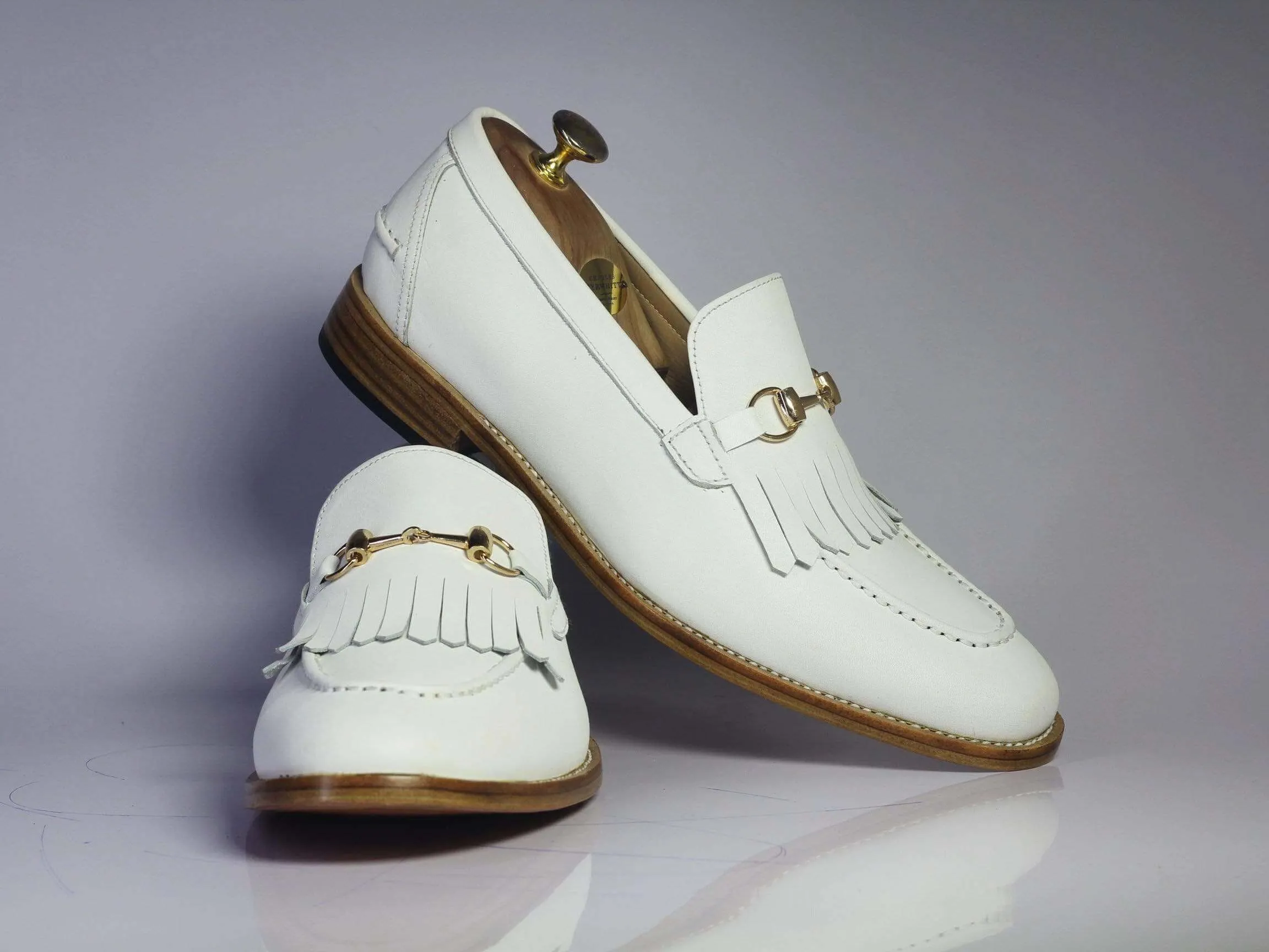 Handmade White Fringe Loafers Leather Shoes For Men's